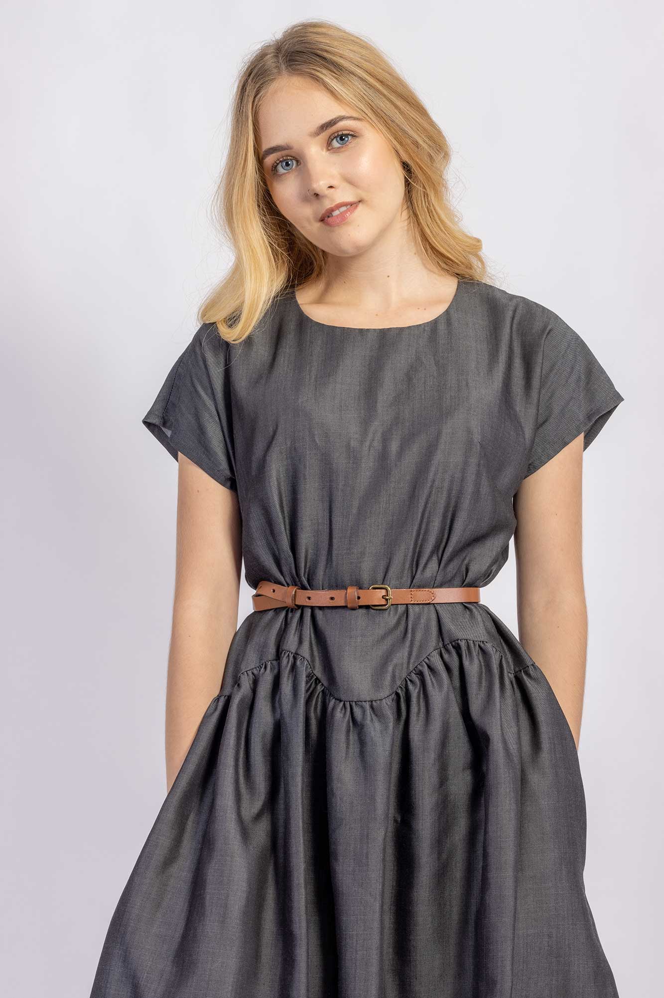 Forget-me-not April A-line dress and Gemma tie belt in apricot crinkle linen, front view