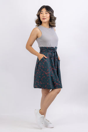 Sylvie knit top in modal knit, round neck sleeveless view, with Natalie gored skirt in green