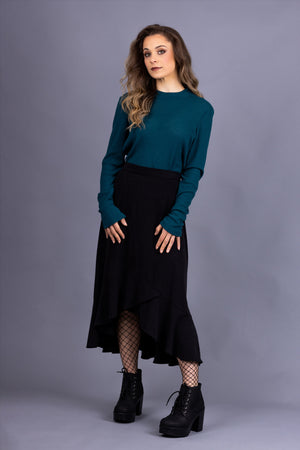 Rosalie darted midi skirt in black tencel twill, with turquoise rib knit top, front view