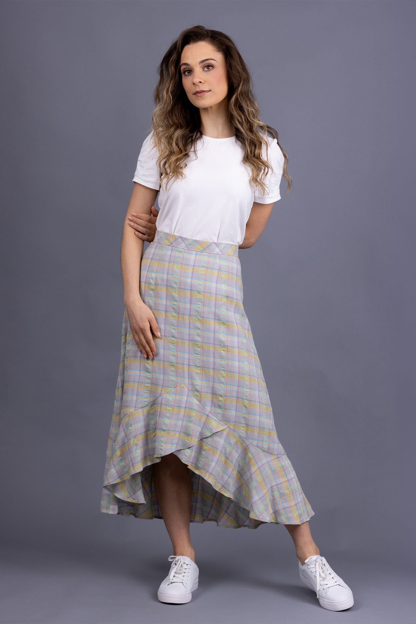 Rosalie darted midi skirt in sherbet plaid, with Iris tee in white, front view