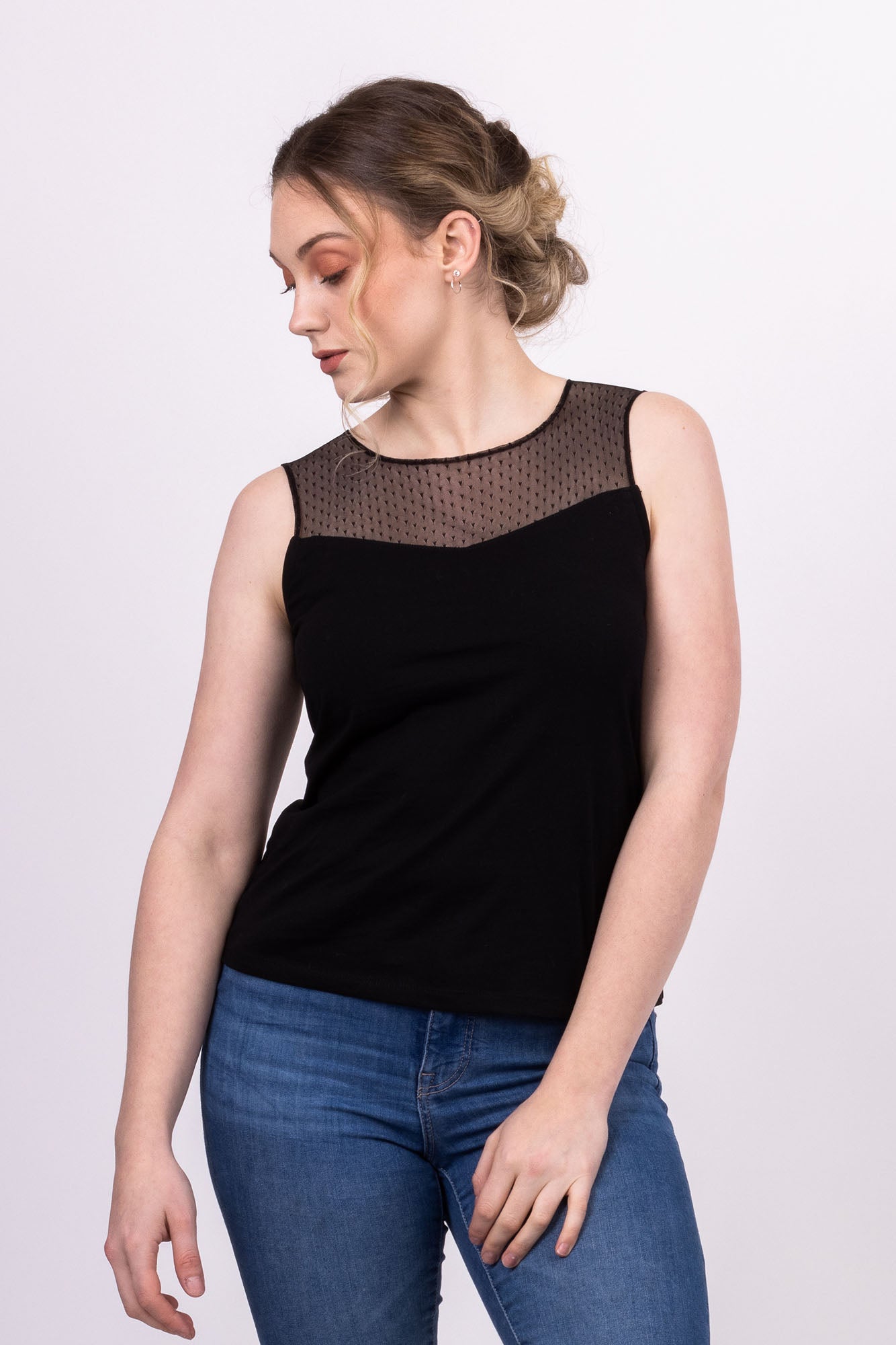 Sylvie knit top with cowl neck and flutter sleeve in navy with Natalie gored skirt in black