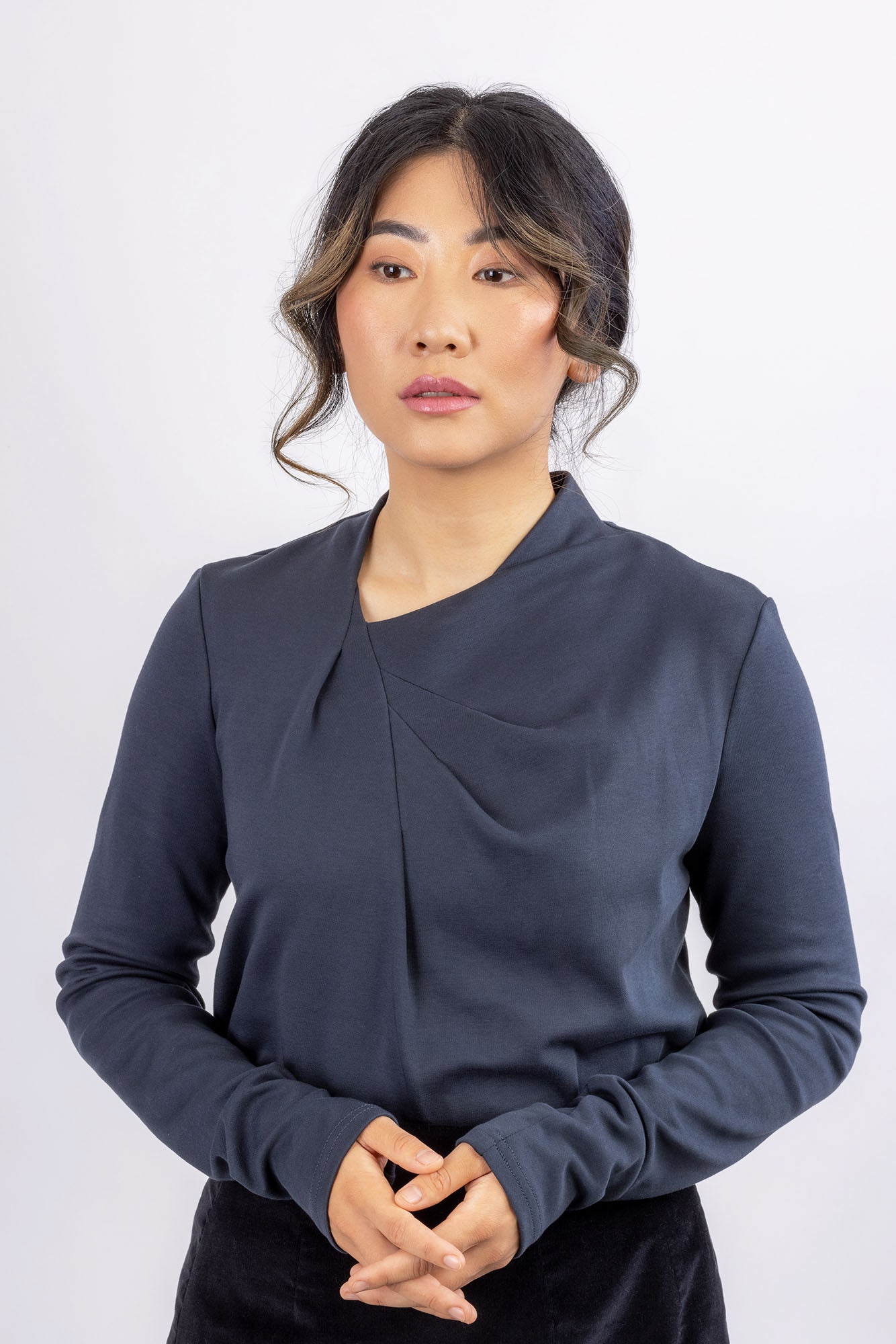 Viola top in navy cotton interlock knit, close up front view