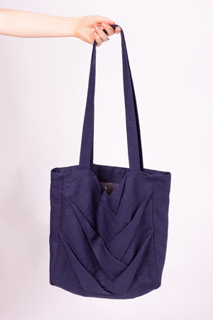 Xenta tote bag in navy linen, front view