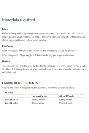 Chart showing materials required for the Helmi blouse sewing pattern