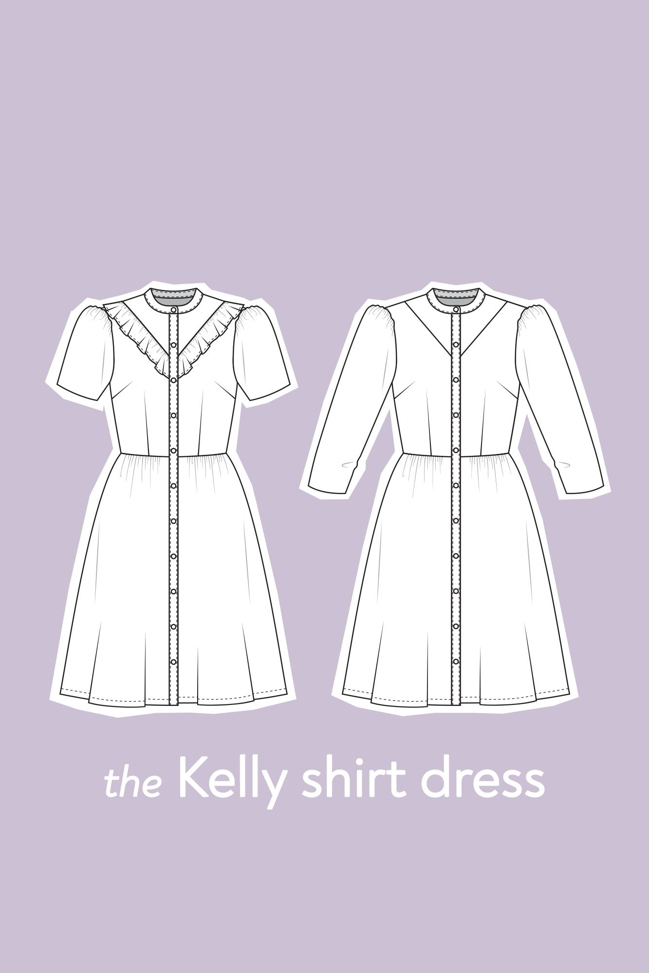 Line drawings for Kelly shirt dress showing front views