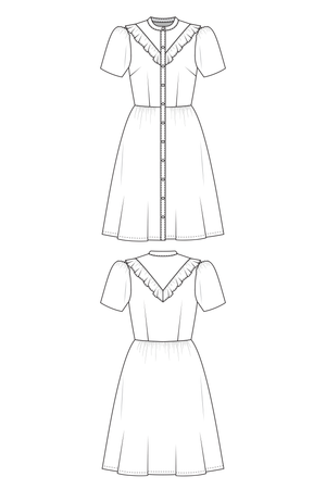 Line drawings for the Kelly shirt dress showing short sleeve view with ruffle option