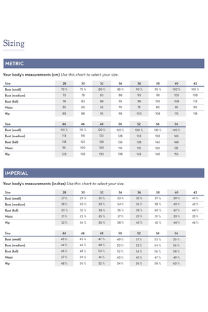 Forget-me-not Sizing chart sizes 28 to 56